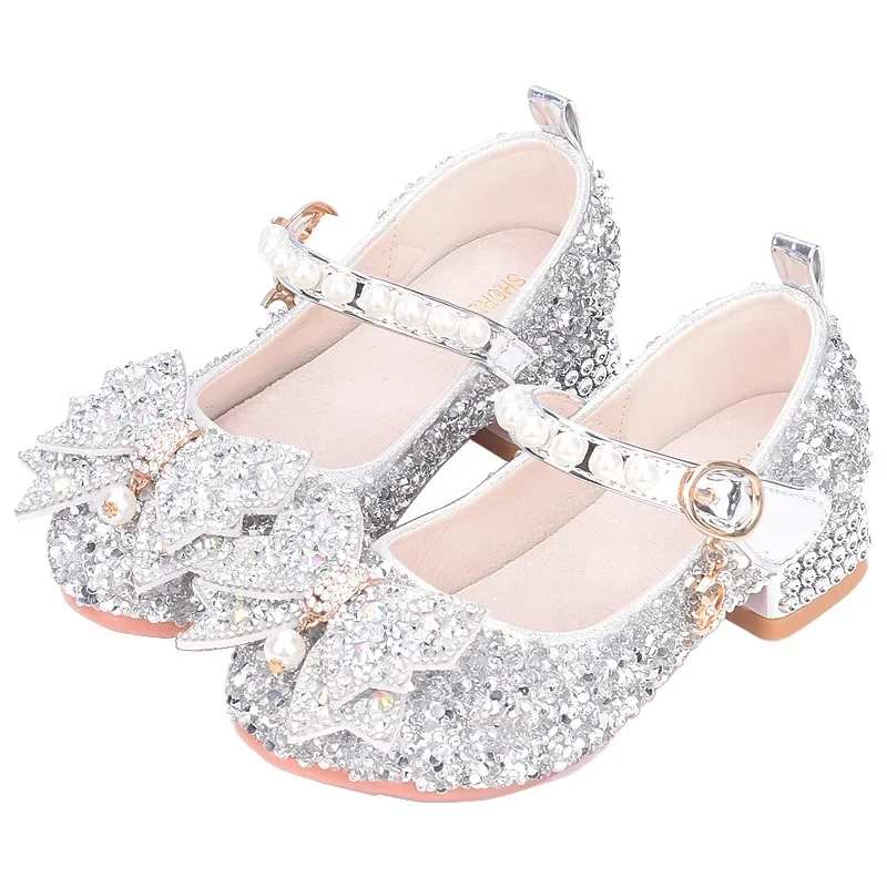 

2025 Summer New Children's Leather Shoes New Fashion Sequin Bow Girl Crystal Princess Shoes Student Performance High Heels