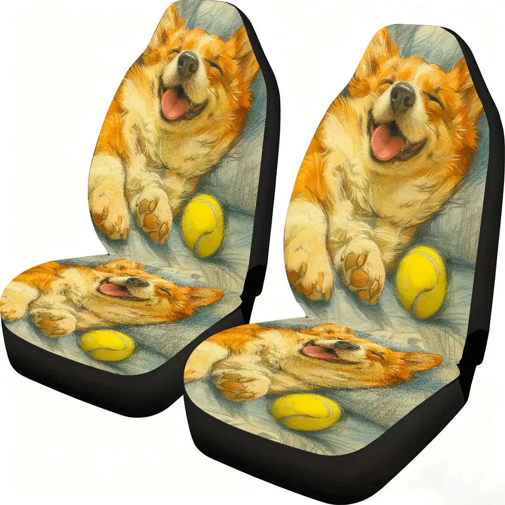 

2pcs Smiling Corgi Dog Car Seat Covers With Tennis Ball Design - High Back, Fit For Front Seats, Durable Polyester, With Yellow