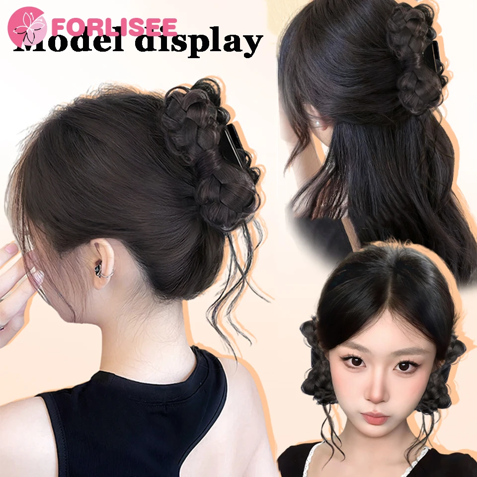 FORLISEE Synthetic Ball Head Wig Bow Dragon Whisker Clip Flower Bud Head Ancient Style Hair New Chinese Style Braid Hair Bag