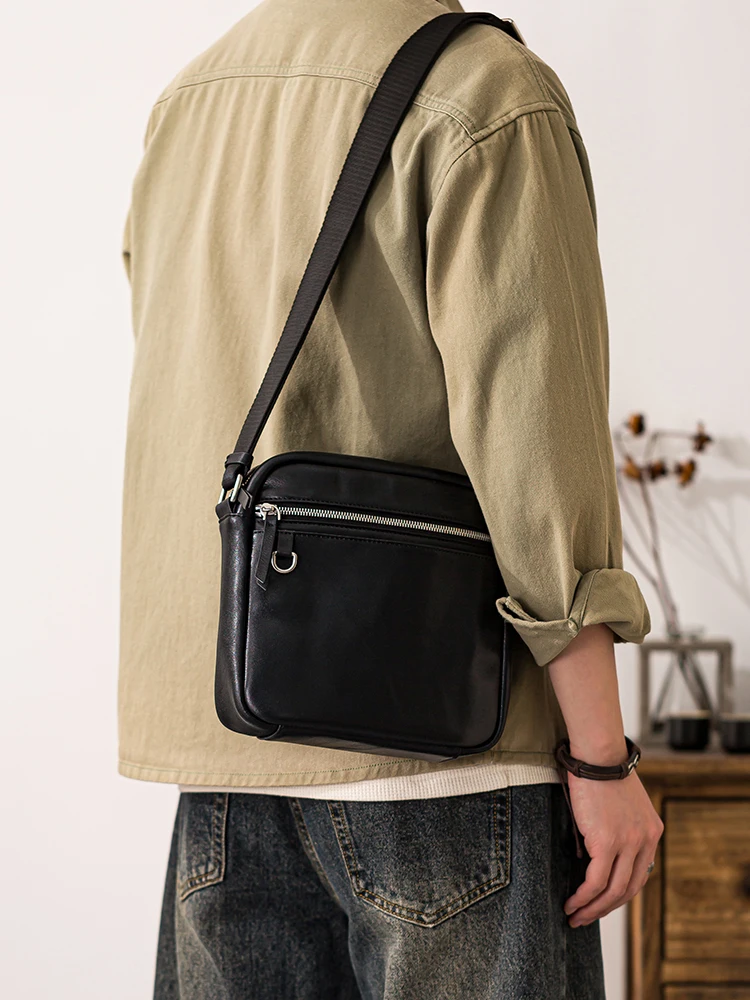 Casual outdoor commuting first layer cowhide men's black small shoulder bag simple handmade genuine leather crossbody bag