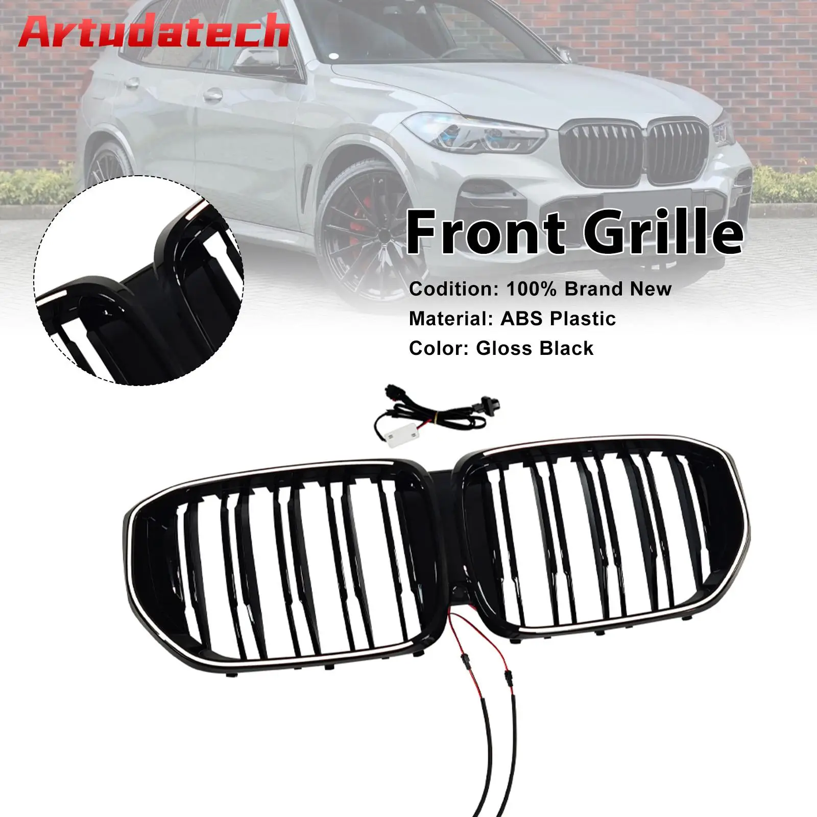Artudatech Black Front Bumper Grille Grill Fit for BMW G05 LCI X5 2024+ Double Line W/LED Car Accessories