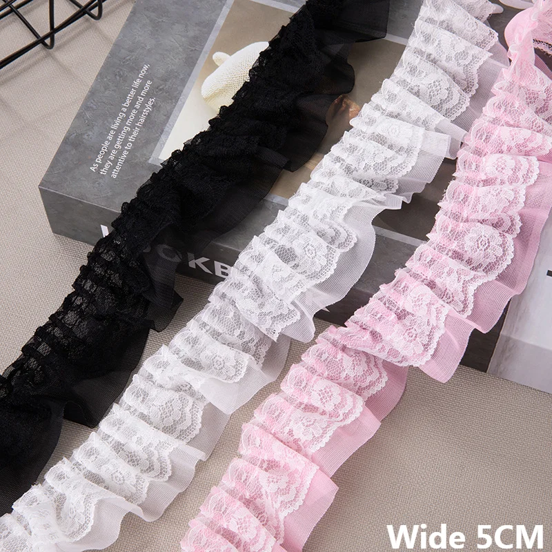 5CM szerokie podwójne warstwy 3d plisowana szyfonowa tkanina z falbankami robótki wstążka do sukienki kołnierz wykończone frędzlami DIY odzież do szycia wystrój