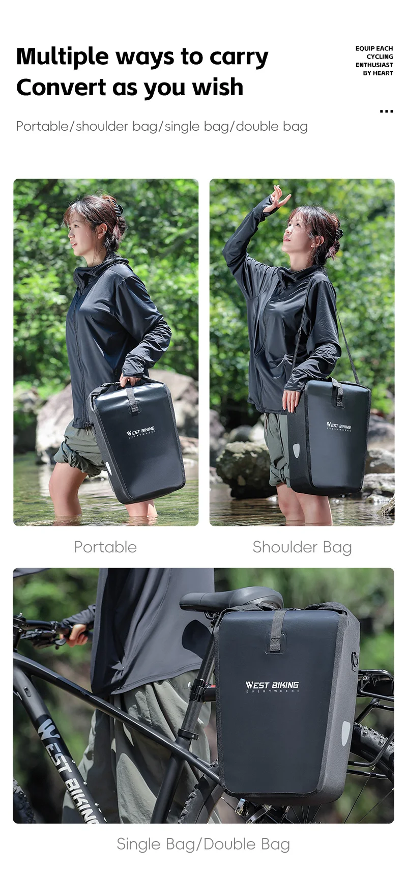 WEST BIKING Wasserdichte Fahrrad-Gepäckträgertasche 25L Große Kapazität Gepäckträger-Seitentasche Erweiterbare Fahrrad-Reisetasche Herren Schultertasche – Detail 10