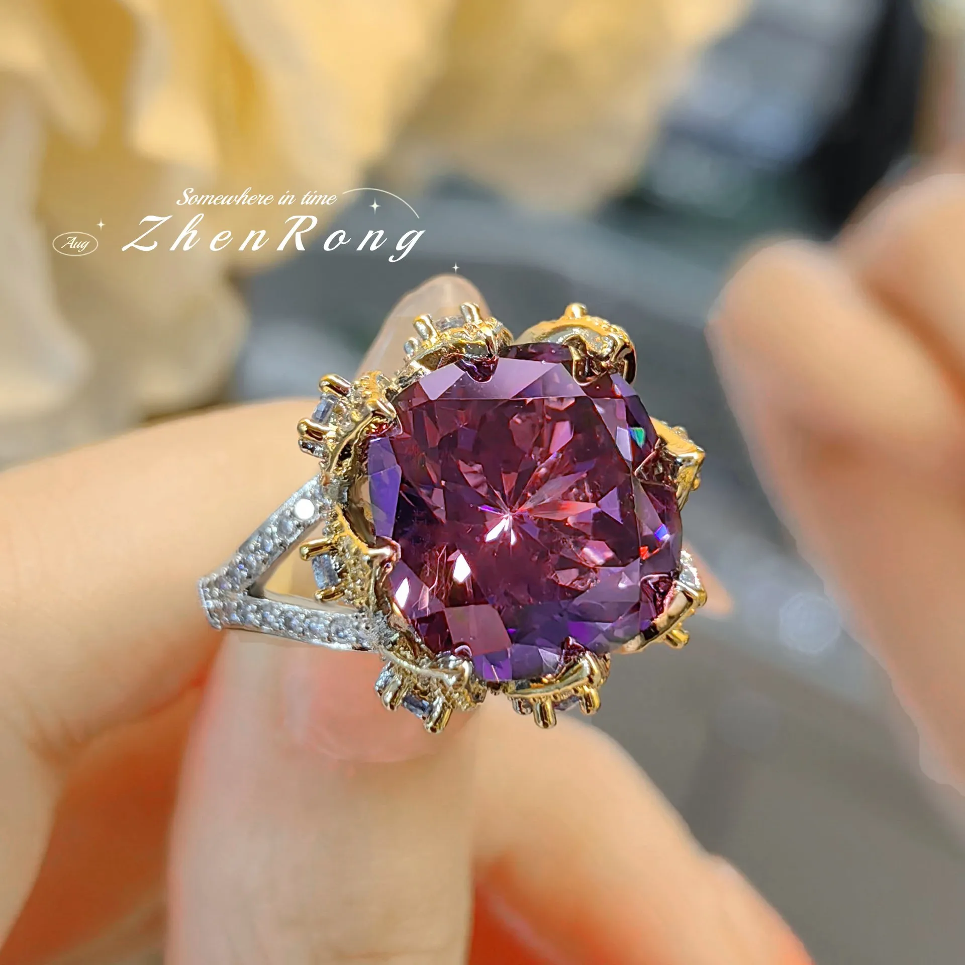 High setting dried rose silver ring women's luxury imported high carbon diamond cut two-color gold ring