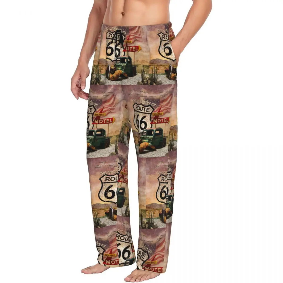 Custom Print Men Main Street Of America Pajama Pants Get Your Kicks On Route 66 Sleepwear Sleep Lounge Bottoms with Pockets