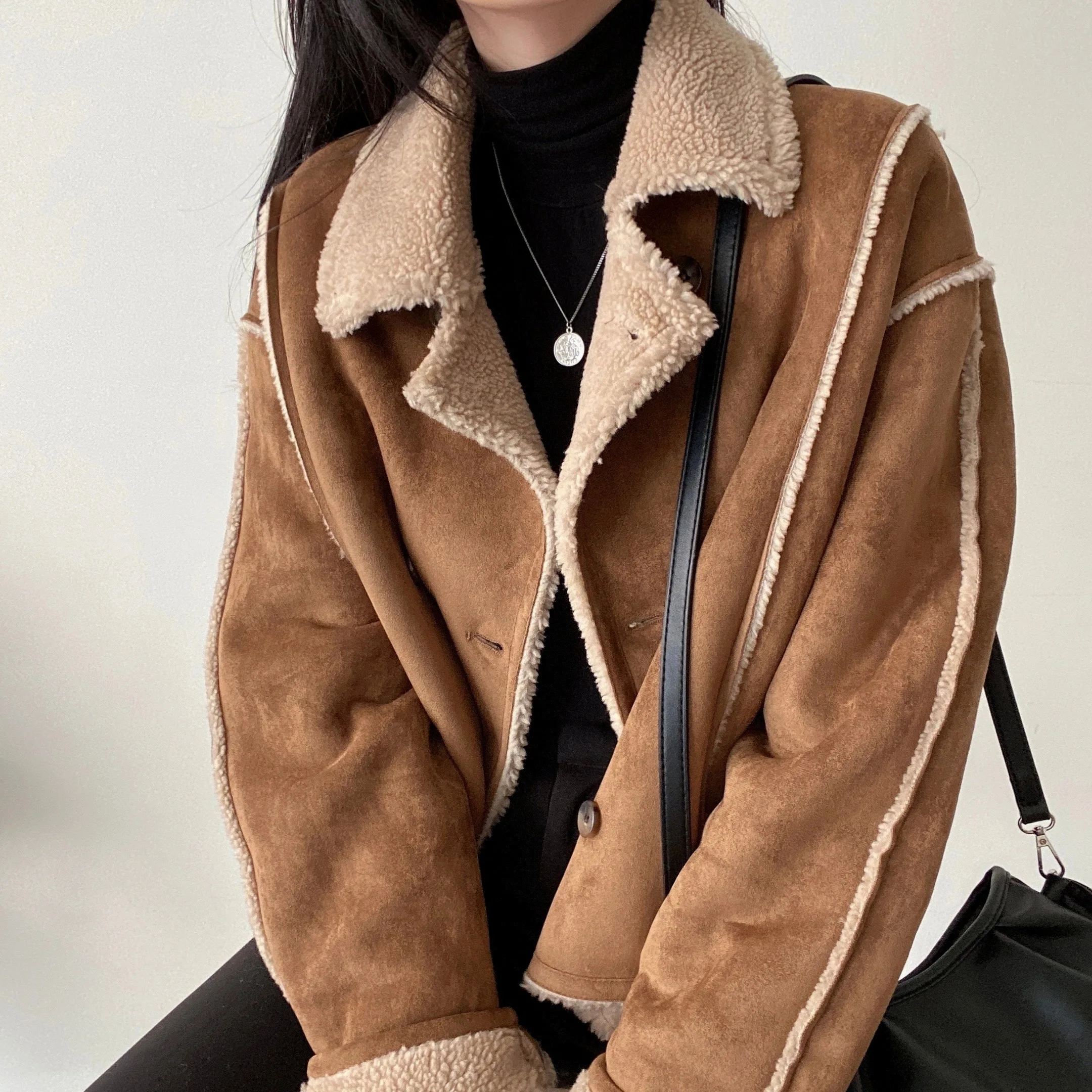 Korean Style Long Sleeve Double Breasted Pure Color Suede Jacket Autumn Winter Fashionable Versatile Suit Collar Outerwear