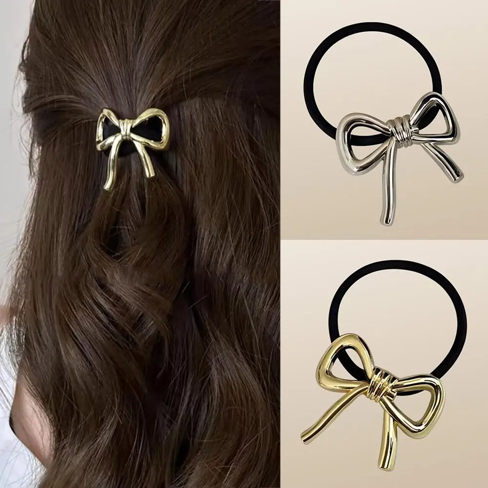 Korean Exquisite Metal Bow Hair Rope for Women Ponytail Headstring Elastic Hair Band Simple Elegant Hair Tie Hair Accessori W5L8