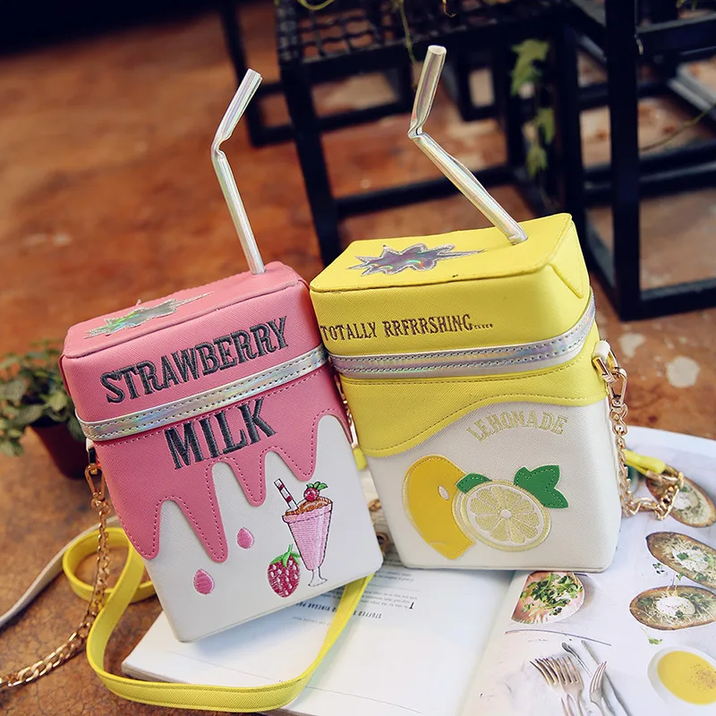 Personality Milk Box Shape Shoulder Bag Strawberry /Lemon printed drink bottle shape bag with straw femle mobile phone bags