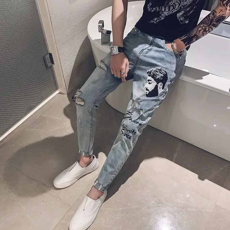 

Man Cowboy Pants Torn with Print Trousers Cropped Men's Jeans Graphic Broken Ripped Holes Y2k Streetwear Summer Trend 2024 Xs