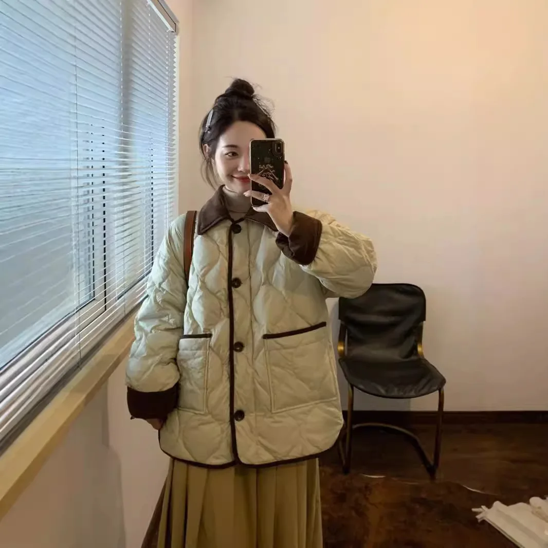 

2025 Korean Short Puffer Jacket Women Color Block Quilted Lapel Coat Lightweight Slim Fit​