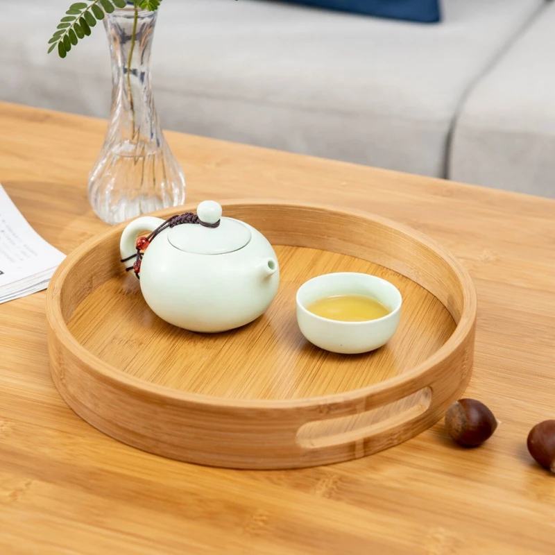 Bamboo Round Tea Tray Simple Wooden Storage Trays Hotel Home Breakfast Dessert Food Serving Tray Kitchen Supplies