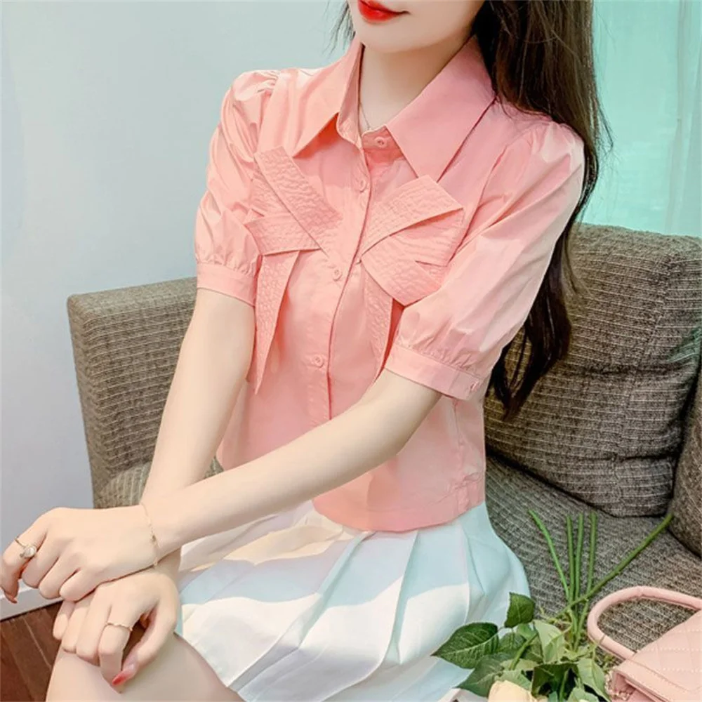 

Korean Fashion Sweet Bow Shirts French Style Turn Down Collar Short Puff Sleeve Blouse Summer Casual Elegant Blusas Pink White