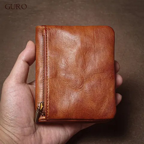 Carteira vintage de couro genuíno GURO para homens e mulheres, bolsa com zíper para moedas, porta carteira de motorista, porta cartão de identificação, carteira curta dobrável de couro bovino