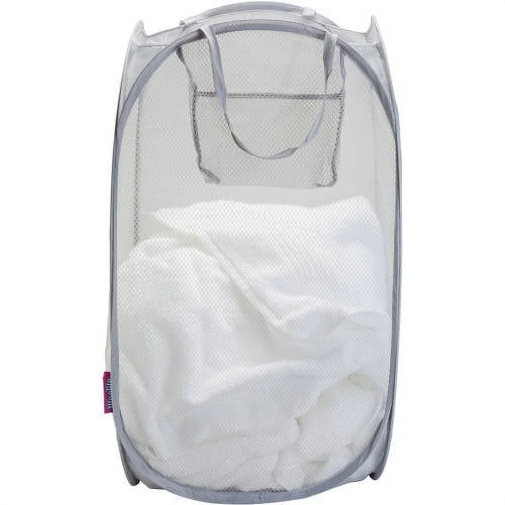 Pop Up Laundry Hamper Antimicrobial Mesh Foldable Storage Basket with Side Pocket Carrying Handles Home Organization