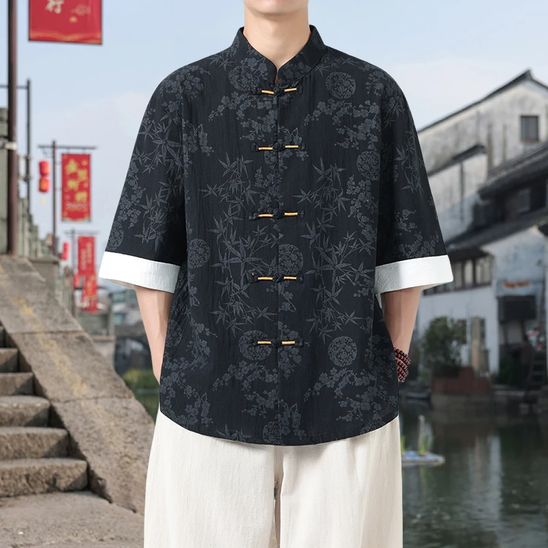 Men's Summer Chinese Style Floral Printed Shirt Lightweight Mandarin Collar Top with Oriental Design for Casual Cultural Wear
