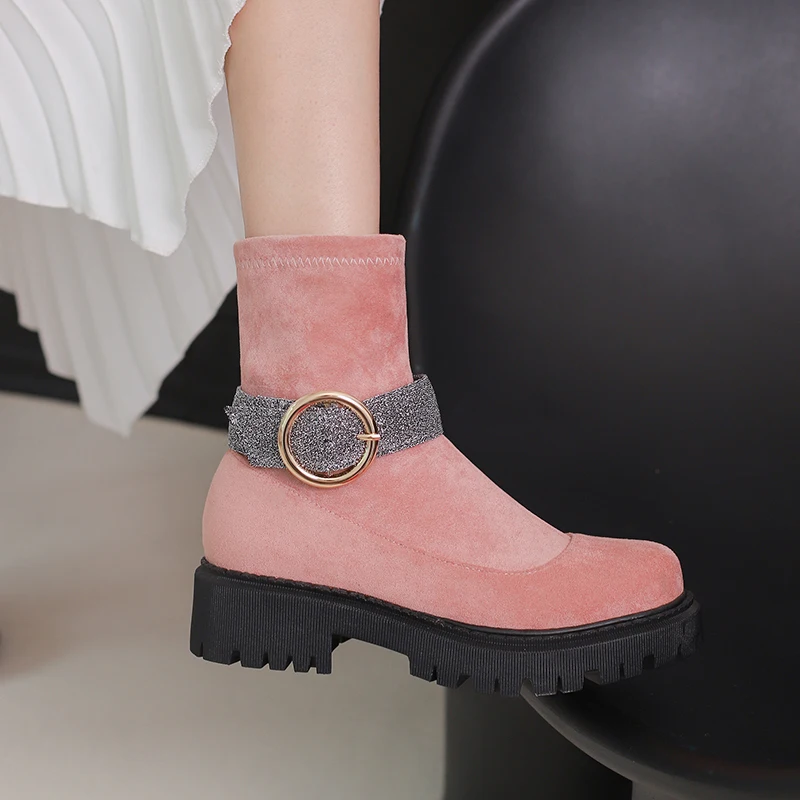 Removable Ankle Circular Metal Belt Buckle Frosted Float Girls' Sock Boots Lolita Style Rubber Sponge Heel Slip-On Short Boots