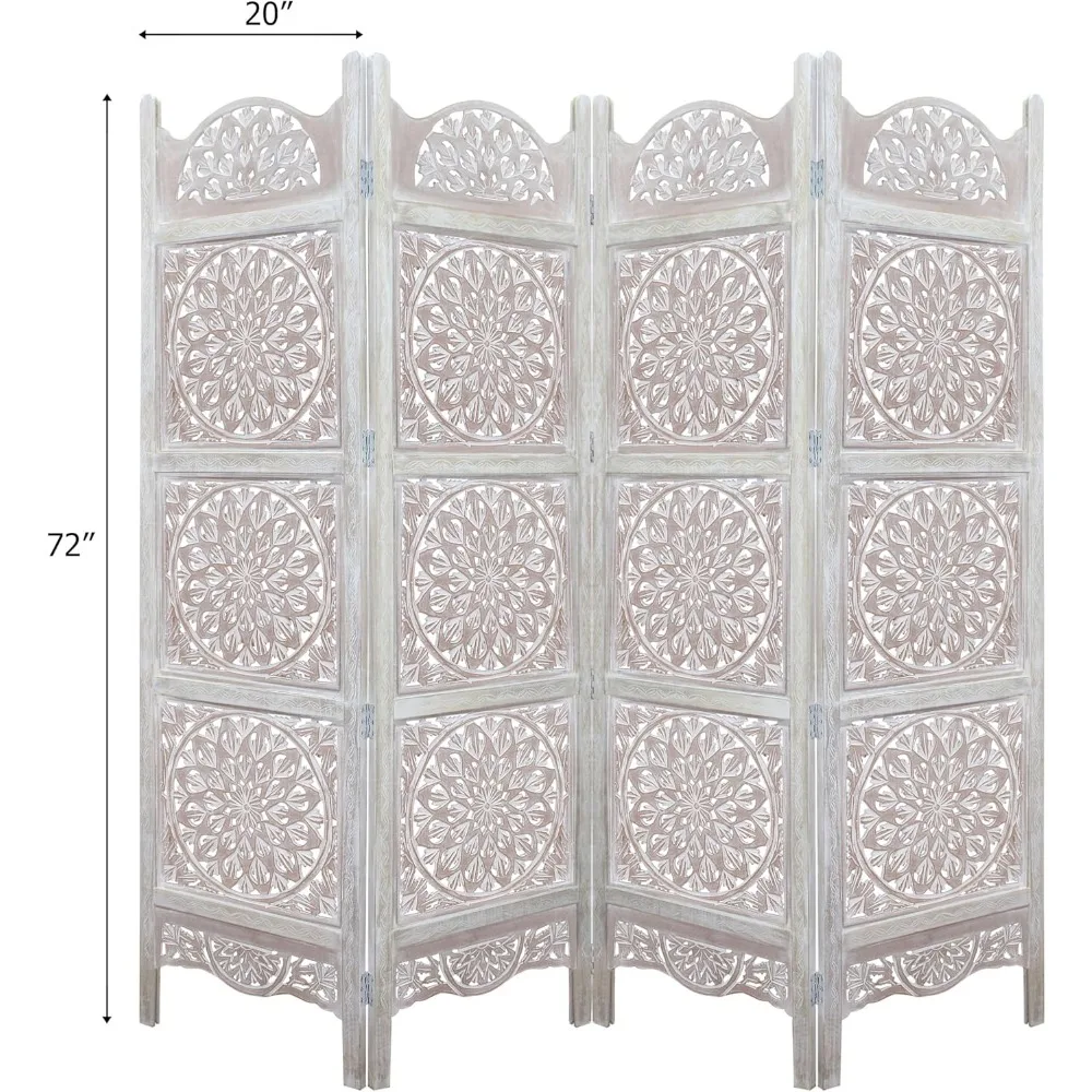 شاشة أرضية خشبية مع ميدالية بيضاء - تصميم قابل للطي بأربعة ألواح - 72 × 80 - منحوت يدويًا، محمولة، وظيفية قابلة للعكس #2