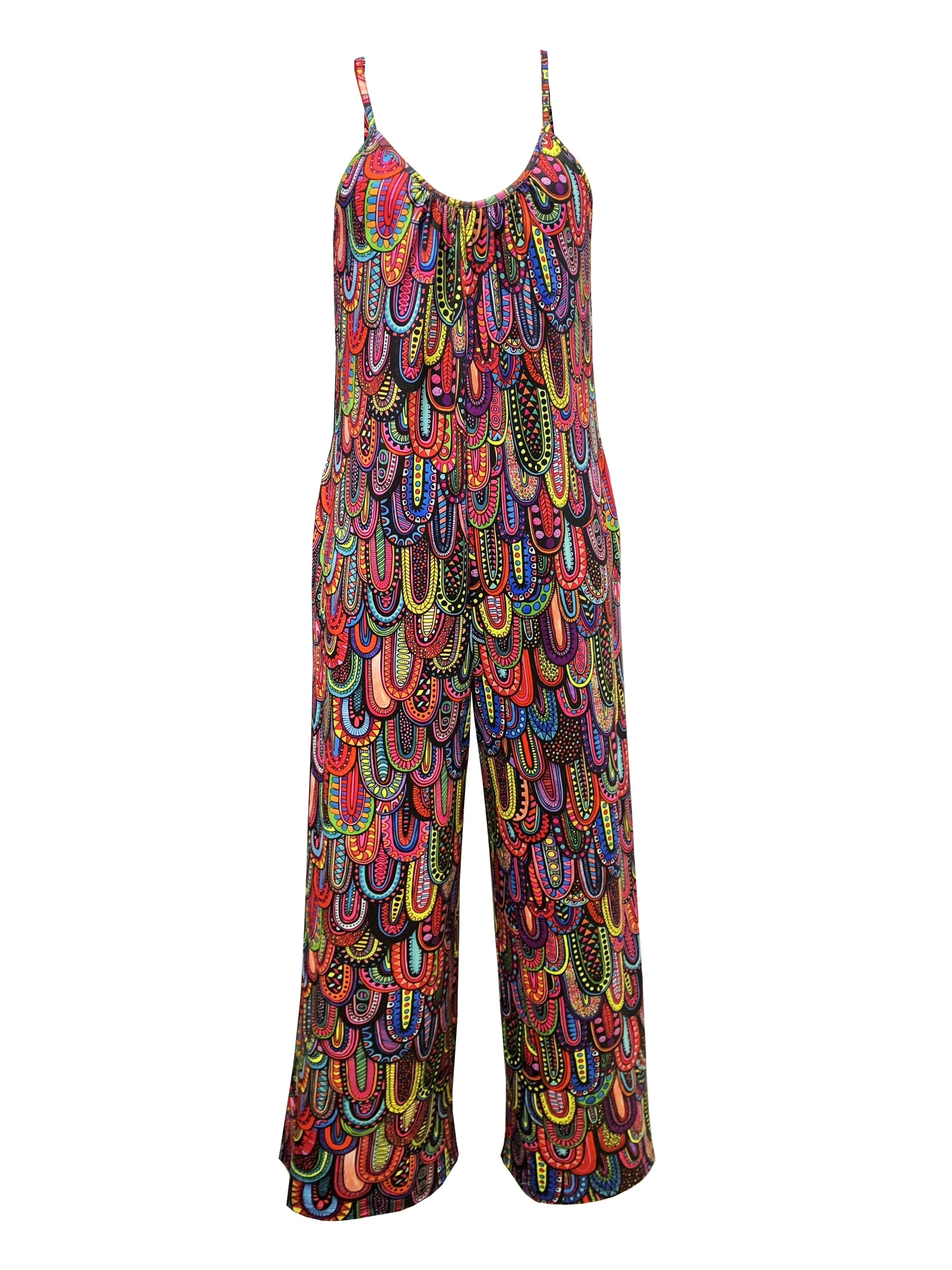 Graphic Print Wide Leg Jumpsuit  Boho Sleeveless Jumpsuit For Spring & Summer Womens Clothing