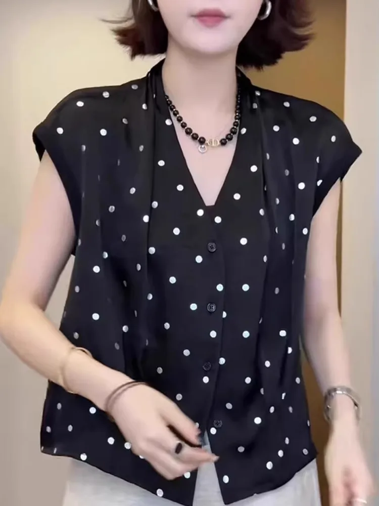 Faionable V-Ne Polka Dot Svel irt Damen-Sommer-Top mit schlankem Design, koreanische SLE-Bluse mit geradem Schnitt und Knöpfen