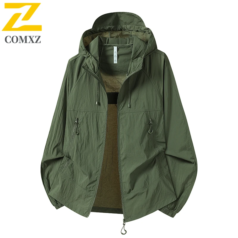 

COMXZ Летняя мужская спортивная куртка с защитой от УФ-лучей, свободная, легкая, дышащая, с капюшоном, ветровка, однотонная, влагоотводящая, тонкая куртка