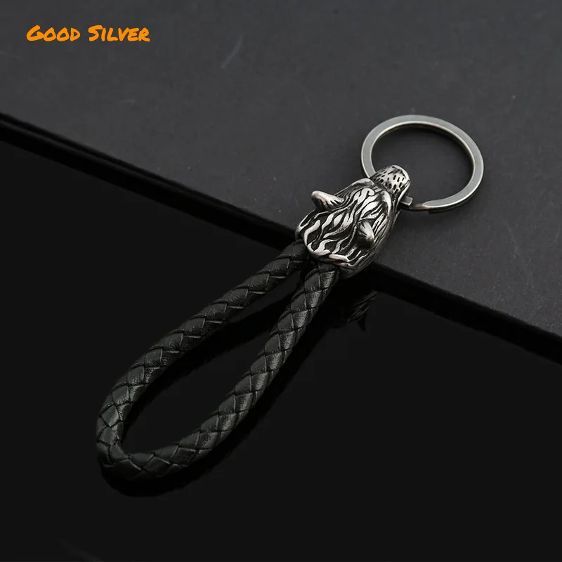 Wolf head titanium steel diy Car key chain for men,316 Stainless steel vintage weave leather rope keychain.