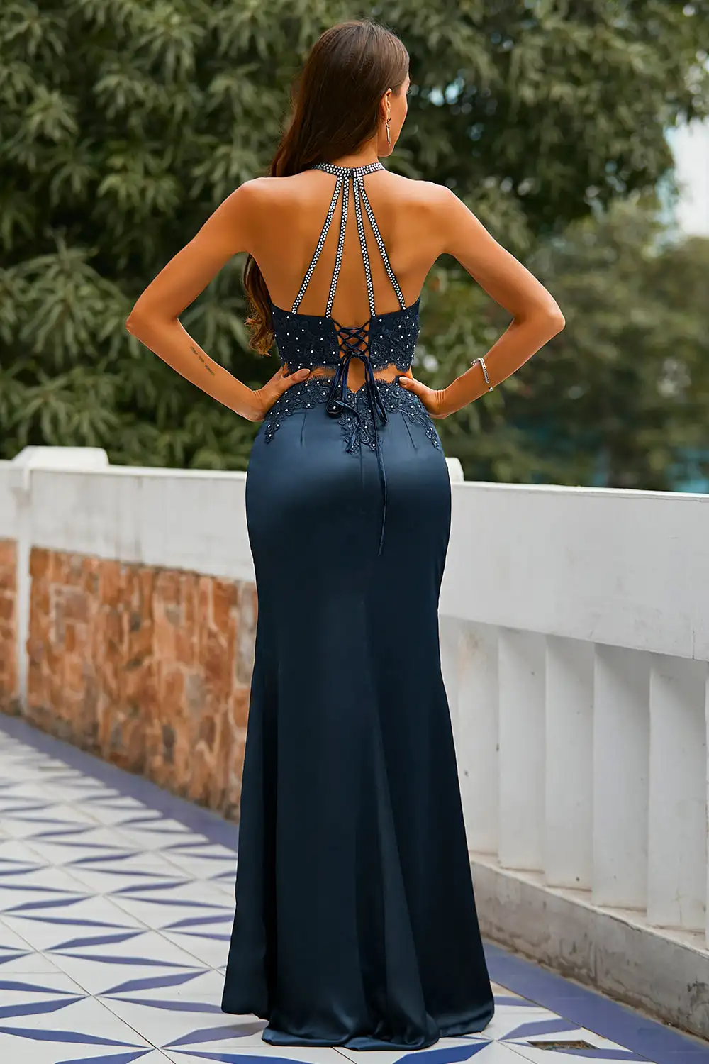 2024 New Sexy Rhinestone Two-piece Backless Navy Blue Ball Gownفساتين حفلة موسيقية