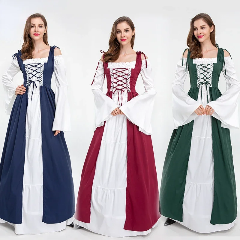 

Women Vintage Punk Long Sleeve Queen Elegant Dress Renaissance Medieval Gown Court Gothic Vampire Cosplay Halloween Costume