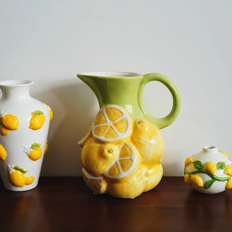 Lemon Vase Hand-painted Three-dimensional Lemon Shape Ceramic Cold Water Kettle Flower Vase Flowerpot Home Decoration
