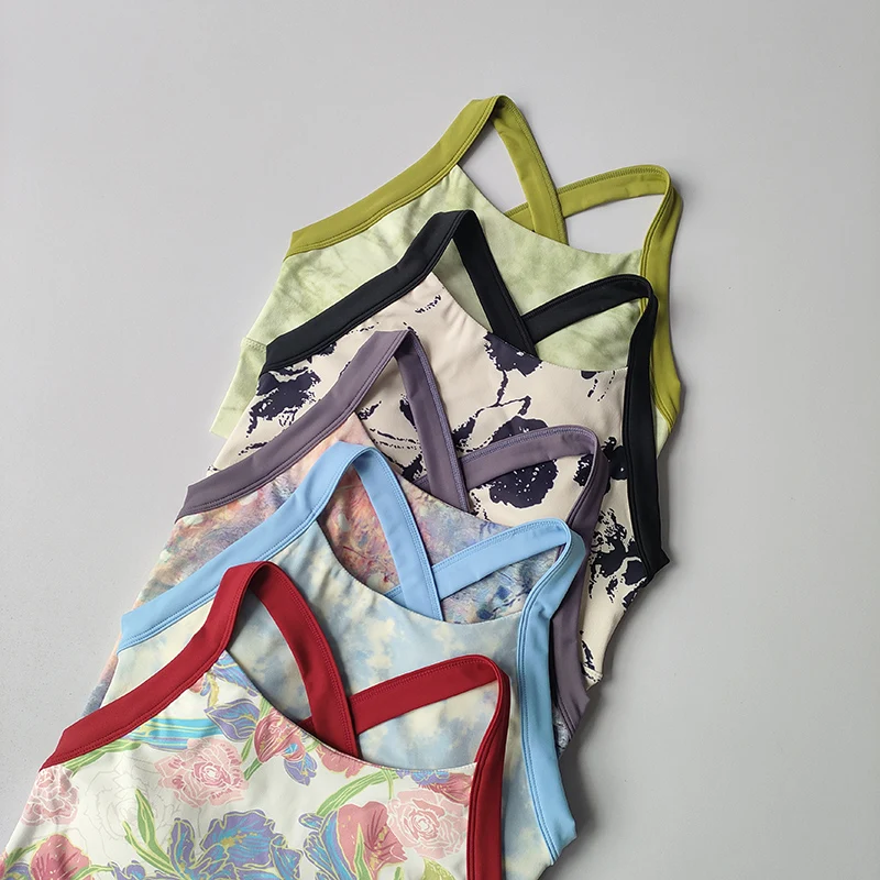Neue hochwertige Yoga-Lingerie für Damen, einteiliger BH mit festen Cups, stoßfest, formgebend, sexy, bedruckt, mit breiten Trägern. – Detail 4