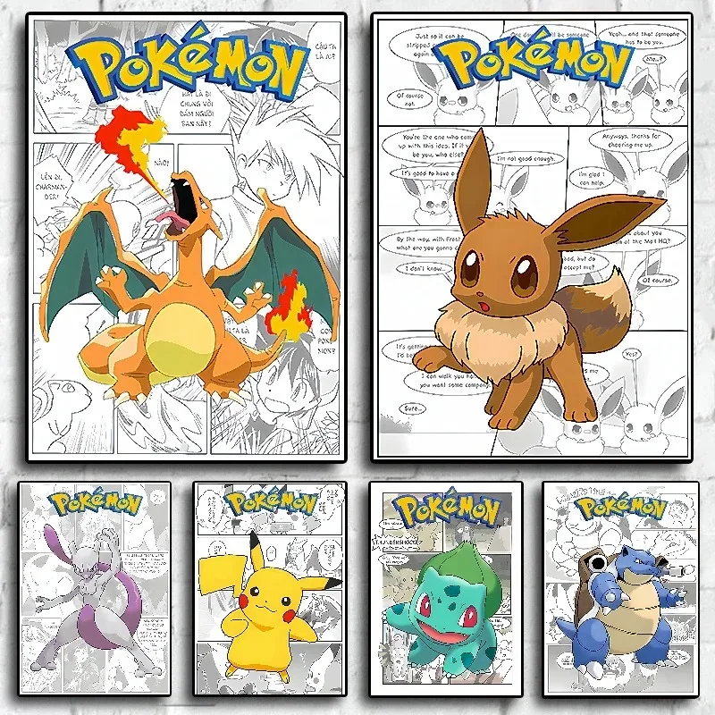 Pokemon anime figuras impressão lona arte da parede cartazes ao redor charizard bulbasaur pikachu decoração cartazes interiores para o quarto