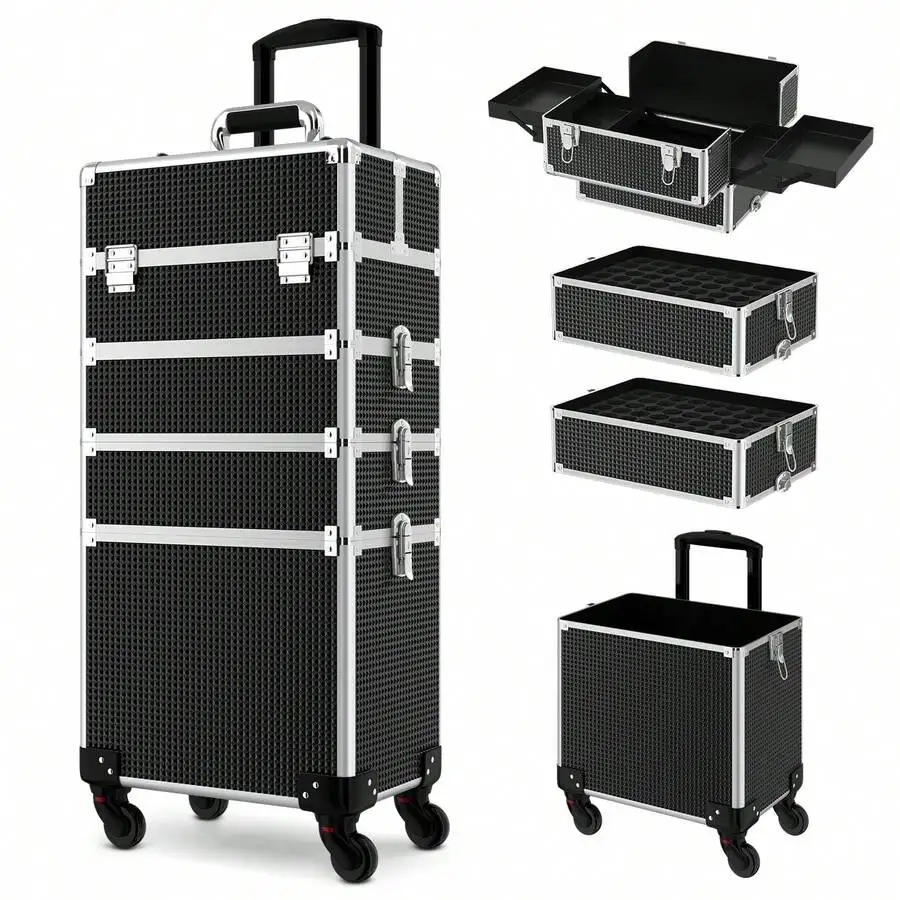 Rolling Makeup Train Case 4in1 Cosmetic Trolley Organizer Travel Lockable Salon Barber Cart Trunk With Wheels For Women Hairstyl
