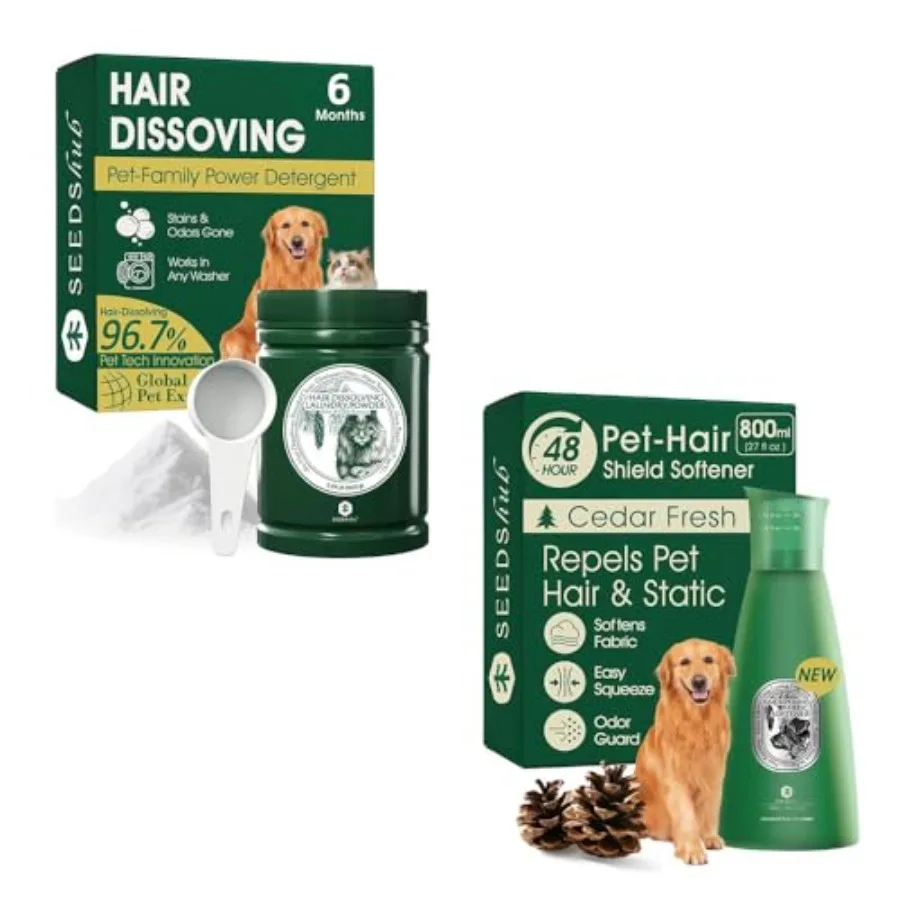 Pet Hair Remover for Laundry Bundle 96.7% Hair Dissolution Powder 6-Month Supply + 90% Fur Defense Fabric Softener Liquid Odor