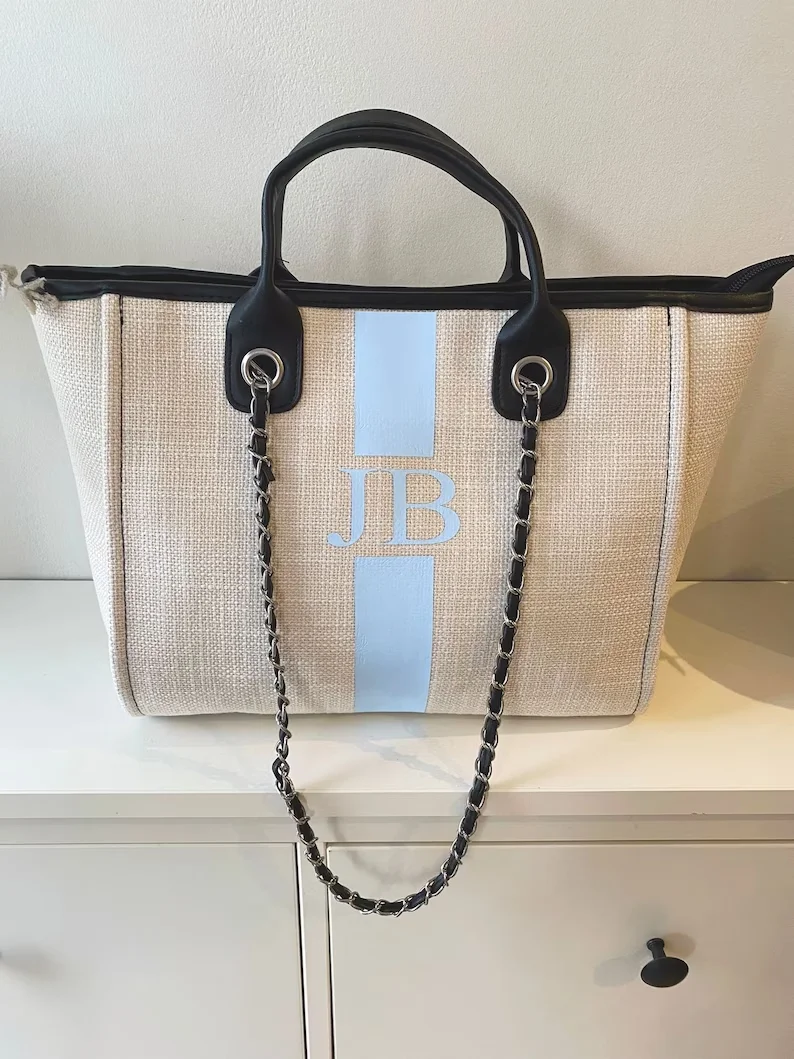Bolsa de lona con monograma personalizado, bolso de mano a rayas, color crema y negro, inicial personalizada, regalo de boda, playa, novia, compras