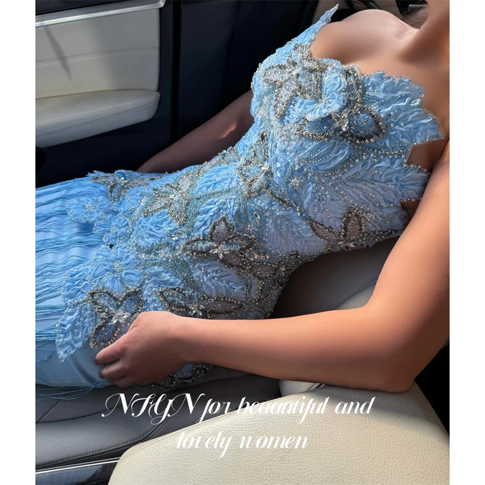 NFYN Blue Evening Dress Strapless Sleeveless Prom Dress Beading On Chest Party Dress with Tassel Gala Dress for Women Customized