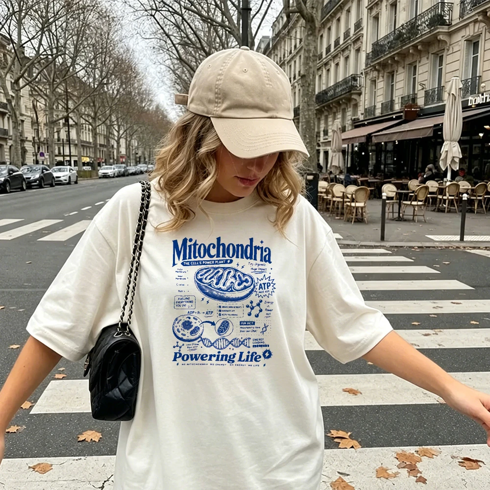 Mitochondria Powering Life Biology Science Graphic Tees Women Crew Neck Short Sleeve Cotton Loose Casual Teacher Tops