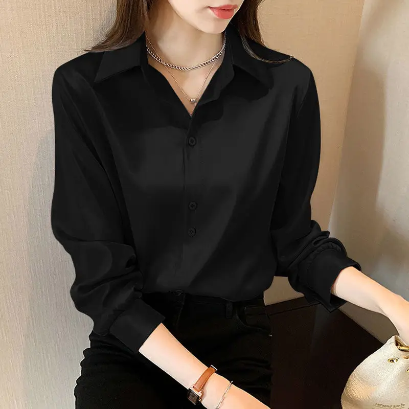 Elegant Fashion Korean White Long Sleeve Covered Button Comfortable Blouses Straight Loose Wild Solid Color Shirt Women Clothing