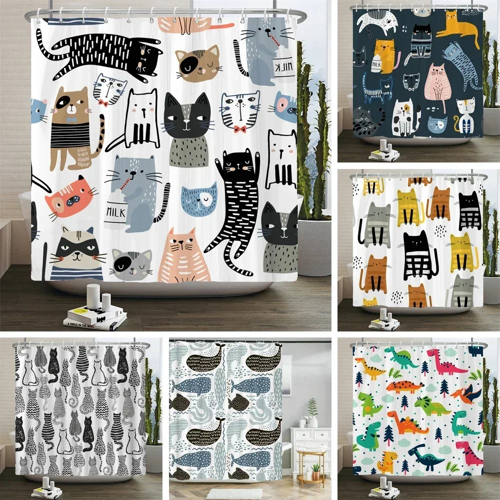 

Занавеска для душа с принтом кота, занавески для ванной с мультяшными животными, ванная комната для ванны, накидка для купания, занавески для душа с 12 крючками