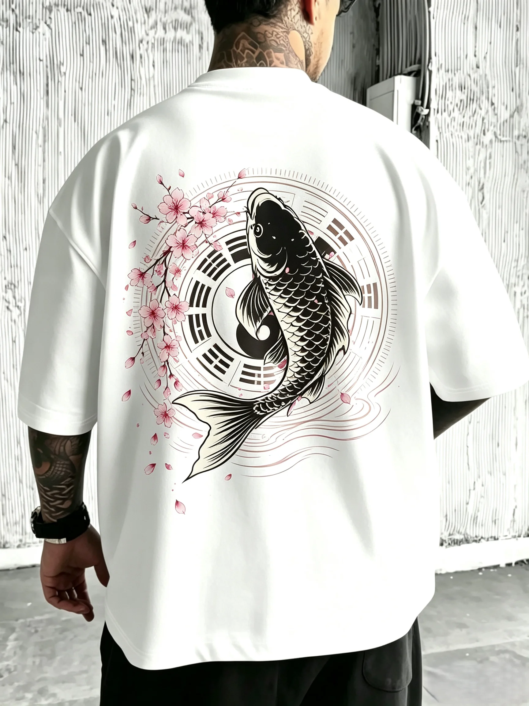 Unisex Koi Fish Yin Yang Bagua Sakura Water Wave T-Shirt Men Women Oriental Ink Back Print Tee Harajuku Oversized Loose Short Sleeve Tops