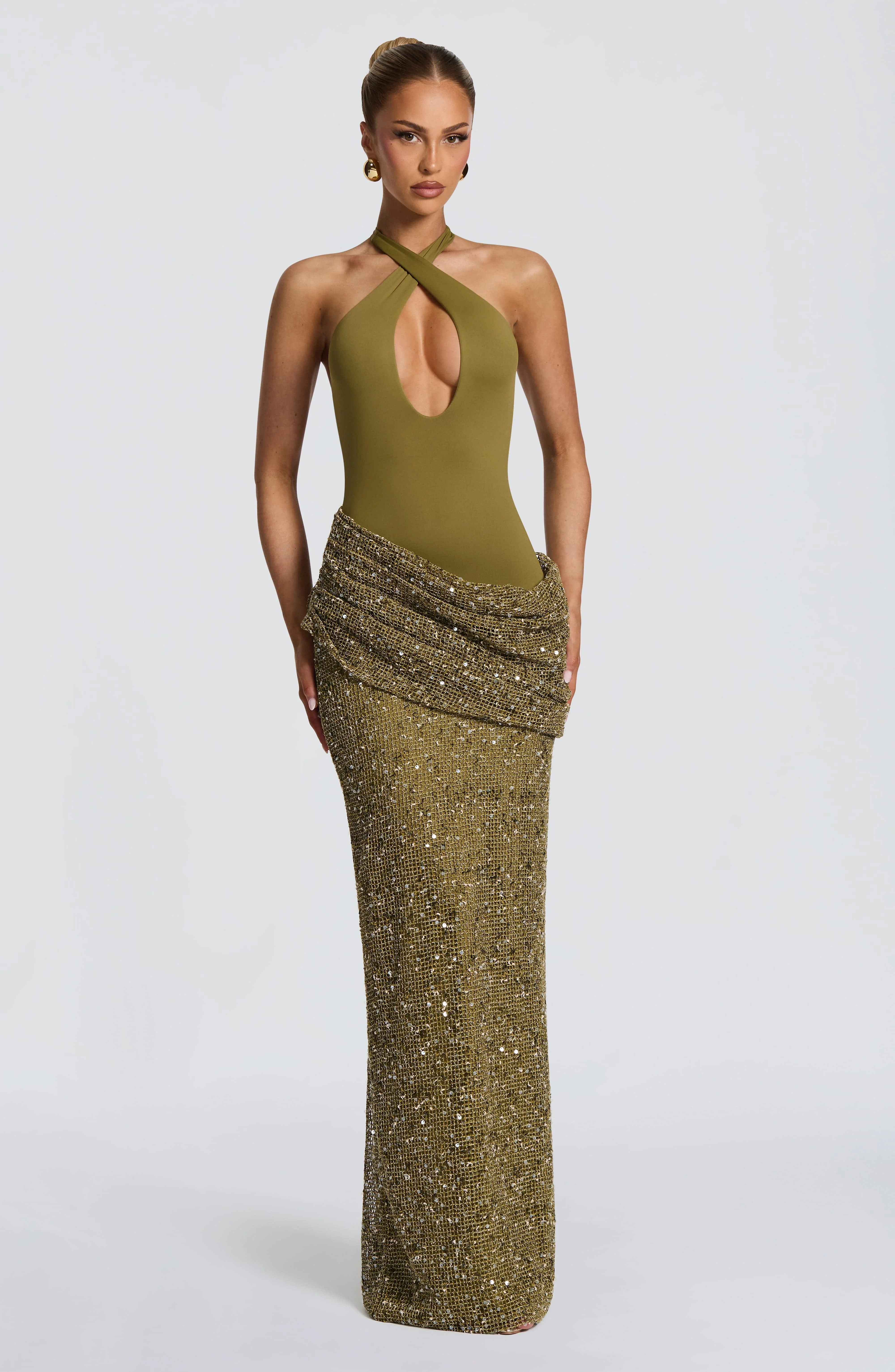 Halter Neck Sequin Mermaid Maxi Dress Women Draped Ruched Bodycon Evening Gown Elegant Wedding Guest Formal Party Long Dresses view 2