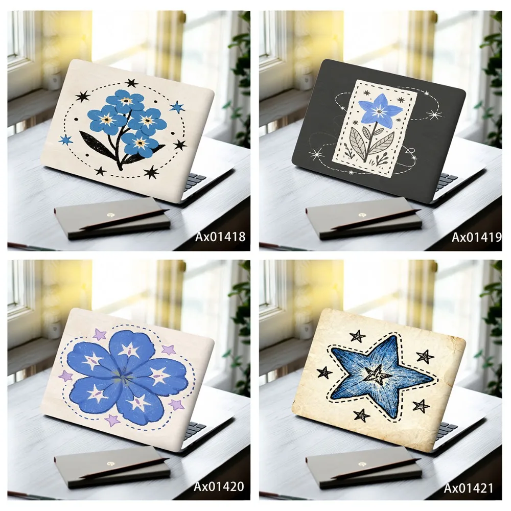 2Pcs Laptop Vinyl Skin Stickers Hand‑Drawn Blue Floral Pattern Anti‑Scratch Waterproof Notebook Aesthetics Decoration