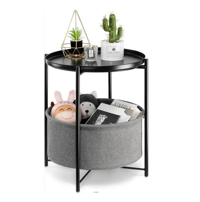 Round Side Table with Fabric Storage Basket, Metal Small Bedside Nightstand with Removable Tray Top for Living Room End Table