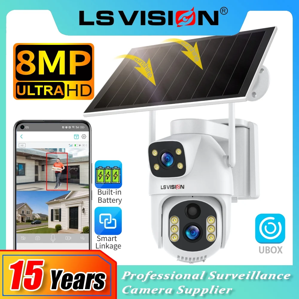 

LS VISION Ubox 8MP Dual Screen 4G SIM Solar Camera Outdoor Humanoid Detection Color Night Vision Linkage CCTV Security Cameras