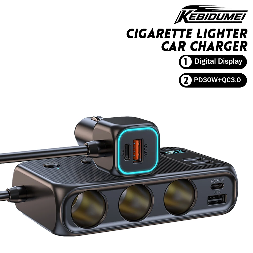 KEBIDUMEI C29 171W Car Cigarette Lighter Splitter QC3.0+PD30W Car Fast Charger 12V-24V Adapter Digital Display Auto Accessories