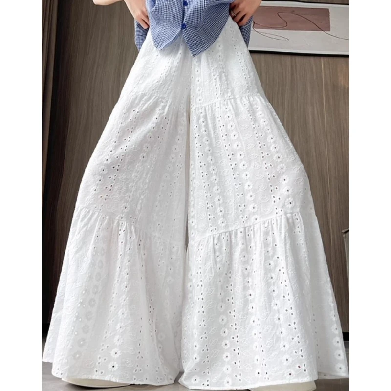 

Extra Large Size 300 Pounds Embroidered Hook Flower Hollow Wide Leg Skirt Pants Men's Loose Casual Floor Length Pants