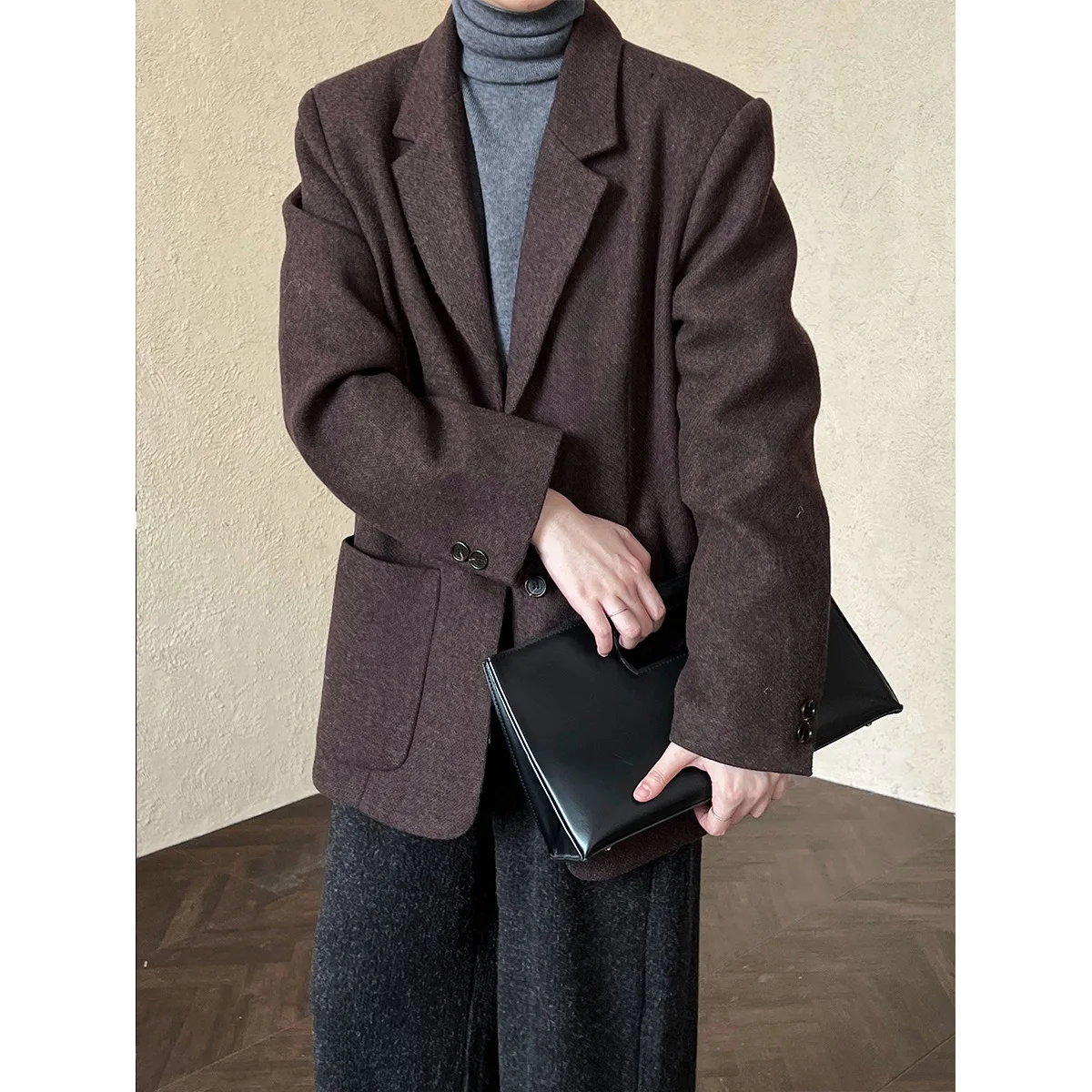 秋冬韓国スタイルグレーウールブレザー女性服冬ジャケットハイエンド通勤ルーズカジュアルスーツジャケット女性トップス