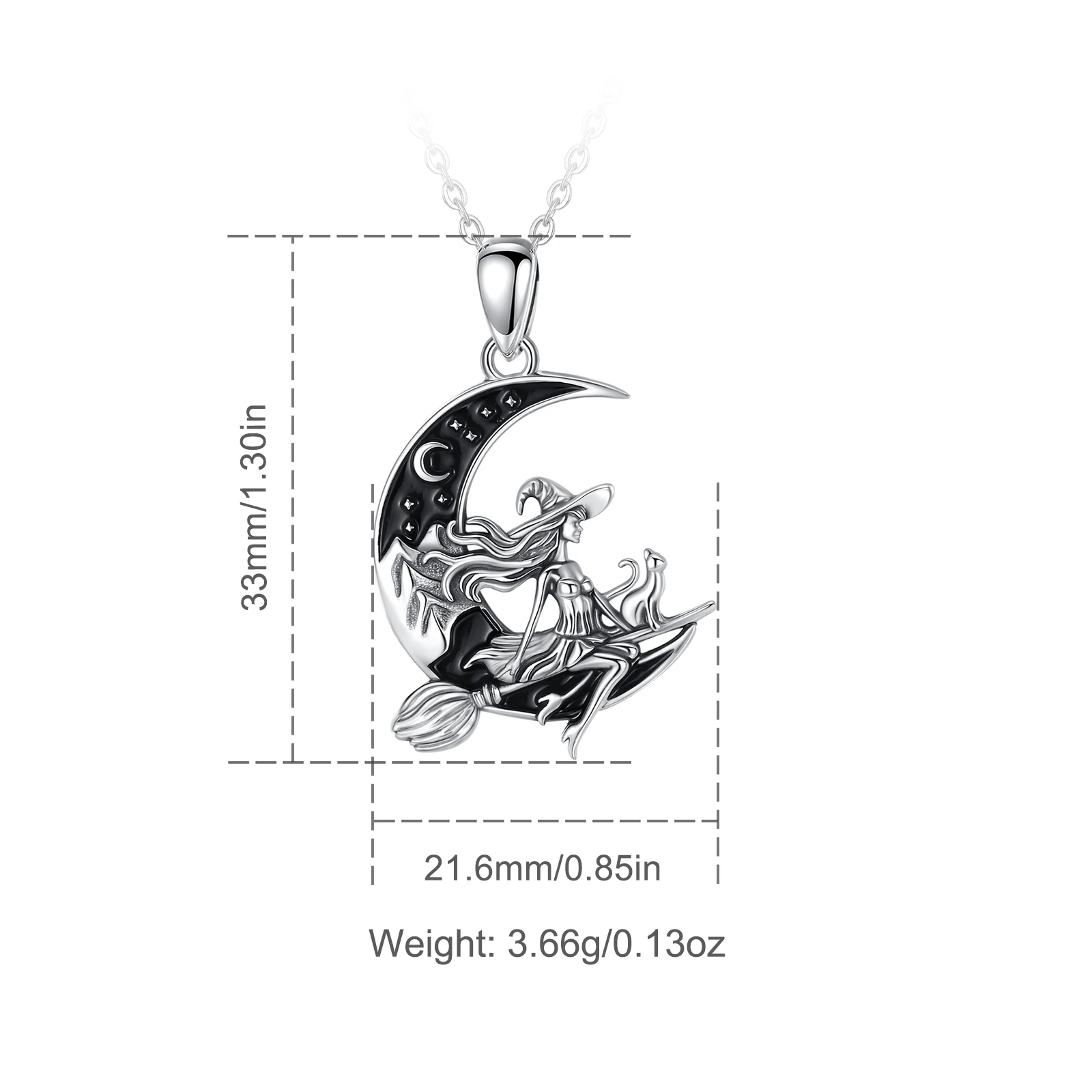 AEONSLOVE 925 Sterling Silver Witch Broom Necklace Crescent Moon Black Cat Pendant Wicca Pagan Jewelry Party Gift for Women Men