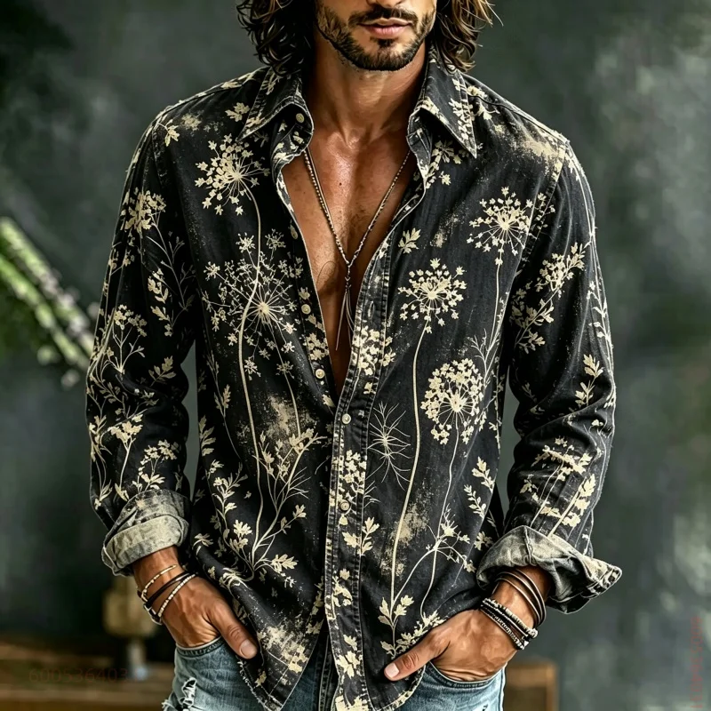 Men's long sleeved shirt with dandelion print, versatile for daily commuting and gatherings, comfortable and casual loose top