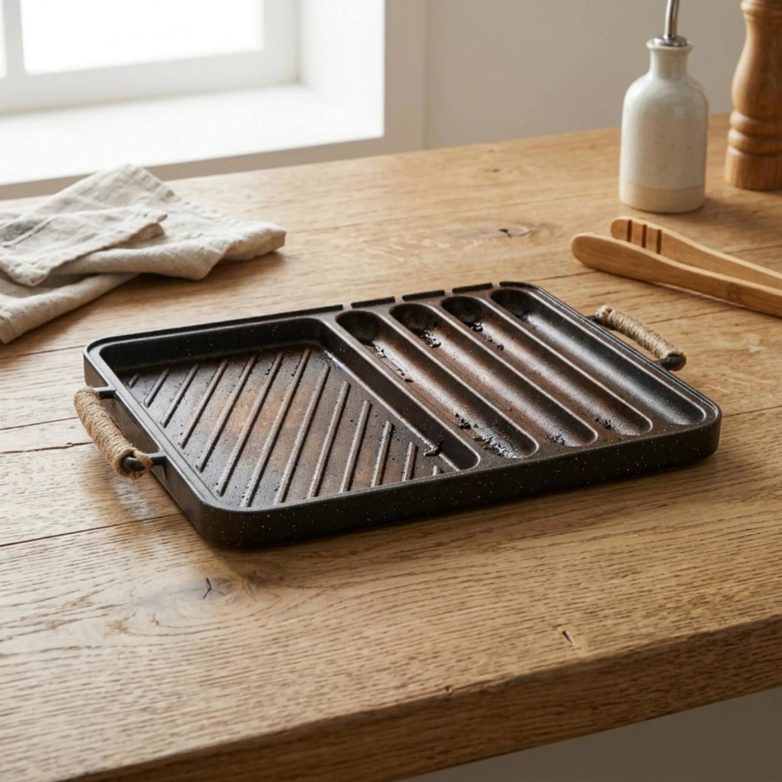 Divided Grill Pan Rectangular Grill Pan with Rope Handles Griddle Lightweight Compact for Home Cooks, Korean Barbecue view 5