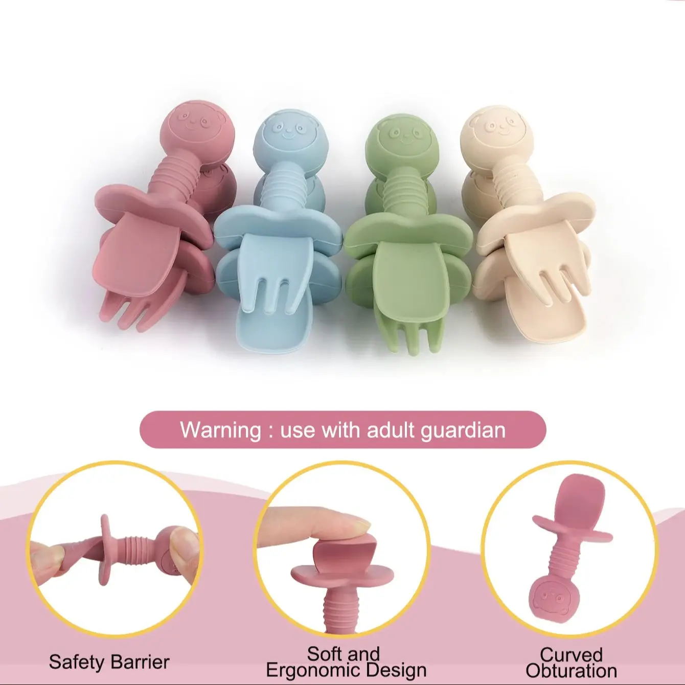 1 Juego de alimentación de silicona, vajilla para niños, suministros de alimentación de bebé, cuenco de alimentación de bebé, tenedor de silicona suave, cuchara