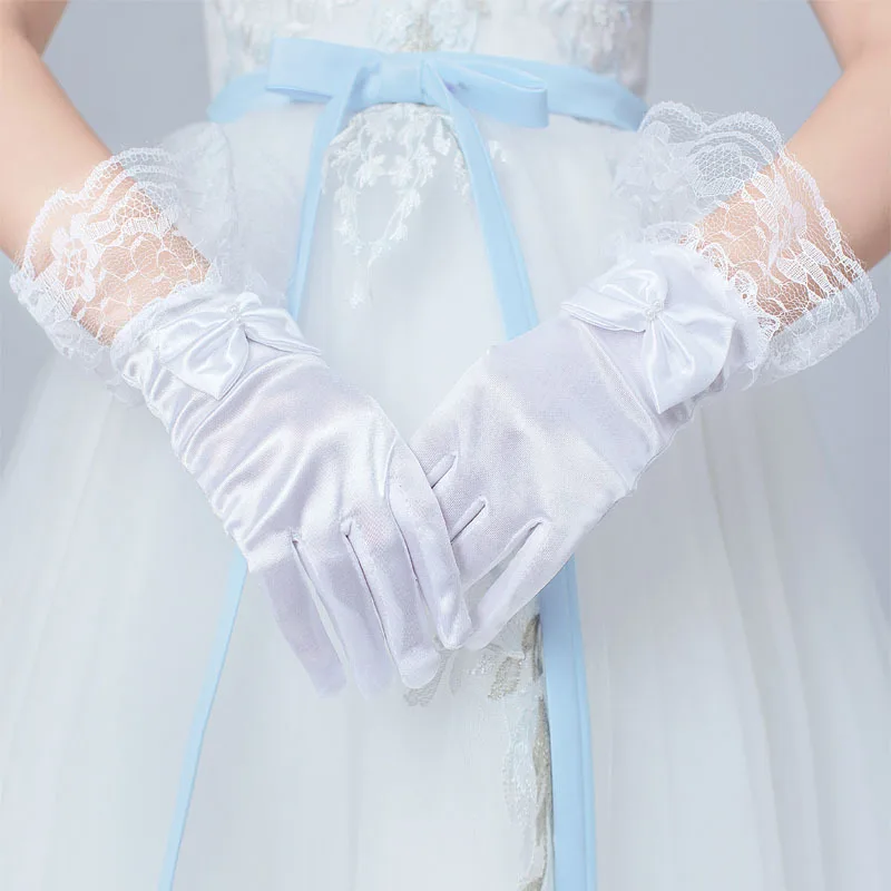 Gloves Girls Lace Bow Satin Stretchy Child Flower Girl Dress Performance Dance Etiquette Soft Lightweight Elegant Comfy Party